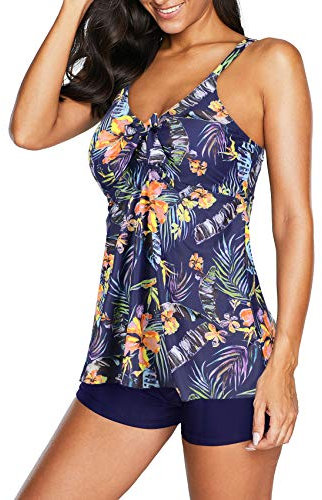 Durio Tankini Damen Bauchweg Tankinis für Damen Tankini Zweiteiler Sets Elegant große größen Badeanzüge Oberteil mit Badeshorts Strandausflüge im Sommer Blau und Lila 44