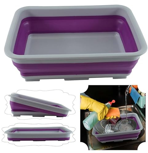 SRVertex 10L Folding Collapsible Washing Up Bowl | Purple/Grey | 37.5cm Plastic Space-Saving Dish Basin for Kitchen, Outdoor, Camping and Travel