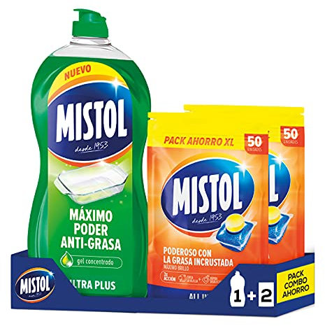 Mistol Pack Combo Ahorro - Mistol Ultraplus 950 ml + 100 Pastillas Lavavajillas. Limpia, desengrasa, desincrusta y abrillanta, dejando tu vajilla como nueva.