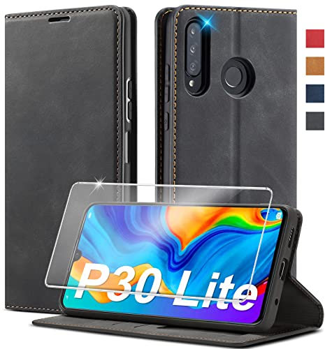 New Edition Custodia in pelle per Huawei P30 Lite [con pellicola protettiva P30 Lite per Huawei P30 Lite, pieghevole, resistente agli urti, in pelle, per Huawei P30 Lite New Edition