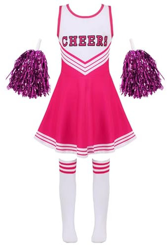 Jowowha Mädchen Cheer Leader Cheerleading Kostüm Schulmädchen Uniform Karneval Fasching Party Halloween Kostüm Kleid mit Pompoms Dunkel Rosa 134-140