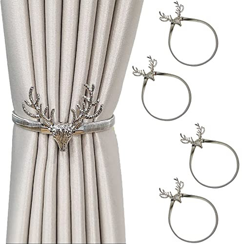 VEGCOO Vorhang Raffhalter,4 Stück Hirschkopf Vorhang Band Silber Vorhang Halter Vorhangschnalle zum Befestigen von Vorhang Dekorativen Vorhängen(Silber)