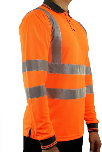 LIZZIE JACOBS Hi Viz High Visibility Long Sleeve Polo Shirts Reflective Tape Safety Hi Vis Security Work Breathable Lightweight Workwear Tops (Medium, Orange NC)
