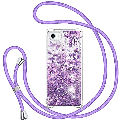 Handyband für iPhone 8/SE 2020/2022/7/6 Hülle mit Band, Glitzer Treibsand Handyhülle mit Kordel zum Umhängen Transparent Stoßfest Schutzhülle mit Kette Schnur, Quicksand Necklace Case in Violett