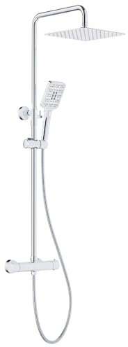 Rainsworth Thermostatic Shower Column, Stainless Steel Shower Head 25 x 25 cm, 3 Jet Shower Head, Height Adjustable Rain Shower, Shower Set with Mixer Tap, Chrome