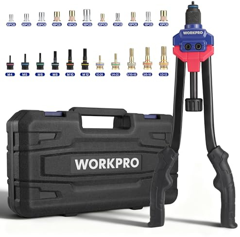 WORKPRO Outil à riveter, 40,6 cm avec 11 mandrins métriques et SAE, ensemble d'outils à rivets manuels avec 185 rivets filetés, riveteuse manuelle avec étui de transport