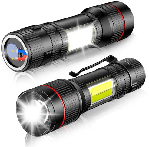 PLUSINTO LED Flashlight 1500 Lumens 2 Packs, USB Rechargeable Torch Super Bright, Magnet and Clip, COB Work Light, 3 Modes, Adjustable Focus Handheld Flashlight for Home, Dog Walking, Emergency