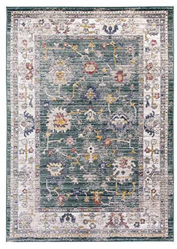 SrS Rugs Vintage Rugs for Living Room, Bedroom, Dining Room, Kitchen Room - Boho Distressed Traditional Faded Ikat Style Multicoloured Design Smooth Soft Low Pile (Vesta Green, 200 x 300 cm)