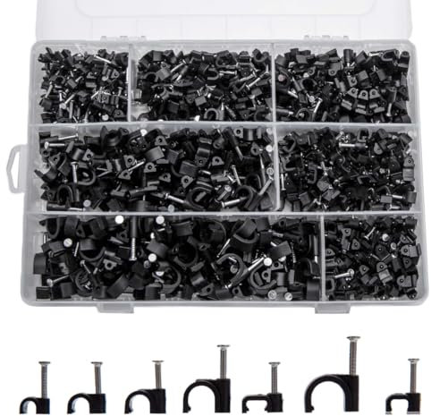 Cable Clips with Steel Nails, 700 Pcs Nail in Cable Clips, Black 4/5/6/8/10mm Cable Wire Clips, Cable Wall Clips, Wire Staples Cord Clips with Nails for Speaker Ethernet Cords Wires Cables Clips