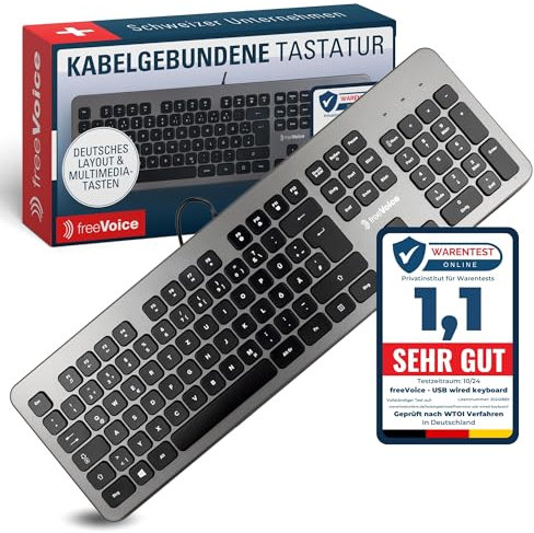 FreeVoice PC Tastatur Mit Kabel - Leise USB Keyboard für Laptop & Computer - Rutschfeste & Flache Tastatur für Büro, Home-Office & Zuhause