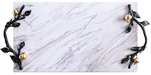 Couchtisch-Tablett, elegant, Servierteller, Marmor-Tablett mit Metallgriff, Frühstück, rechteckige Butler-Teller, Couchtisch-Dekoration, Snack-Tablett, Frühstückstablett (Farbe: Schwarz (Blanc))