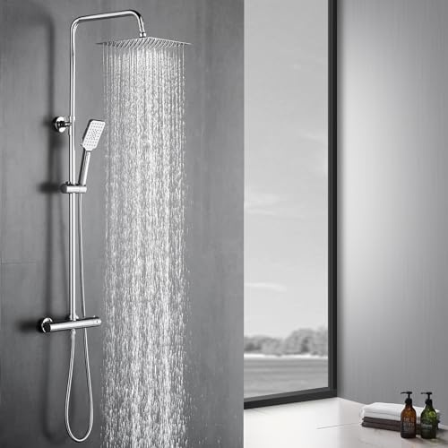 Lovhaus Duschsystem mit Thermostat, Duschset mit 25 * 25cm Quadratisch Regendusche, 3 Strahlarten Handbrause und 81-117cm Einstellbar Duschstangen, Duschamaturenset, Chrom, B27SS111H1CP