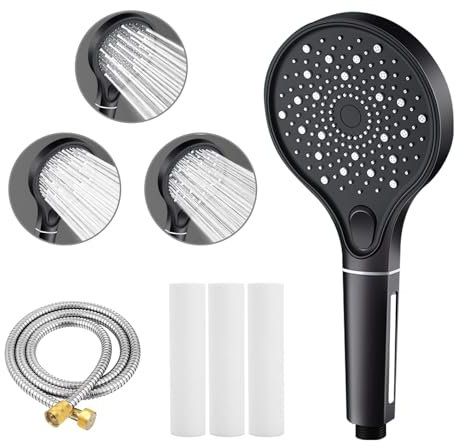 Cuteefun Shower Head and Hose 1.5m, Hard Water Filter Showerhead, 12.5cm Large Shower Panel, 3 Spray Modes Universal Handheld Shower, High Pressure Shower Head for Low Water Pressure, Black
