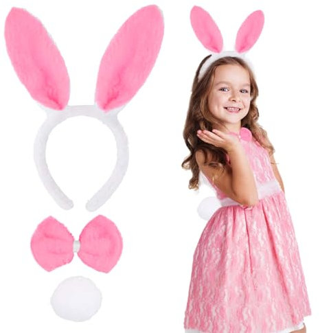 EUPSIIU 3 Pcs Bunny Cosplay Costumes Easter Bunny Ears Set, Bunny Ears Bow Tie Round Tail, Bunny Dress up Set for Halloween Christmas Cosplay Party Dress Costume Dress Up for Kids and Adults (Pink)