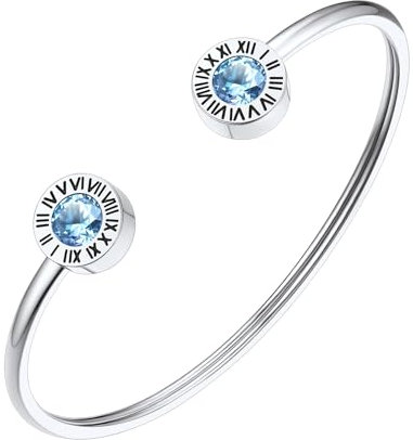 FindChic Armreif Edlestahl Damen mit blau Kristall Zirkonia Luxus Römische Ziffer Armband Geburtsstein Offen Armkette Schmuck für Muttertag Valentinstag Geburtstag Weihnachten