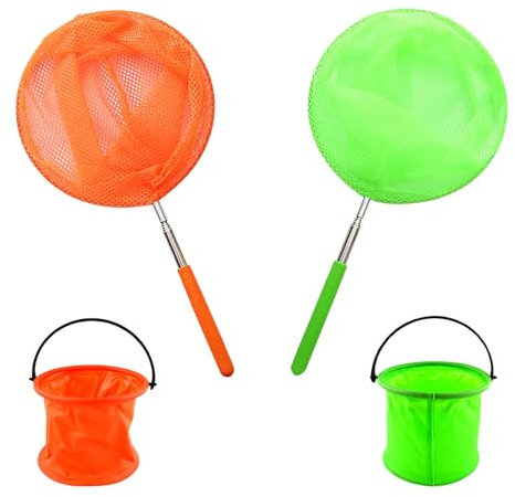 RYAN 2 Stücke Kescher Kinder + 2 Stücke Faltbarer Eimer Teleskop Käscher Schmetterlingsnetze Kinder Fischernetze Fangen für Fangen von Insekten Angeln Outdoor Gartenaktivitäten (2 Farben)