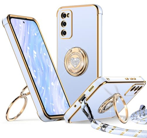 XYZ für Samsung Galaxy S20 FE Hülle mit Band, Herz Doppelring Ständer HandyHülle Handykette Frauen Mädchen Dünn Stoßfeste Anti-Kratzt SchutzHülle für Samsung S20 FE Case, Blau