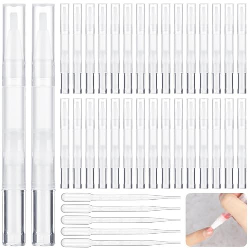 Lot de 50 stylos à huile vides de 3 ml avec 5 compte-gouttes, stylos transparents torsadés avec pointes pinceaux, stylos vides pour ongles, gloss à lèvres, tubes liquides de croissance des cils