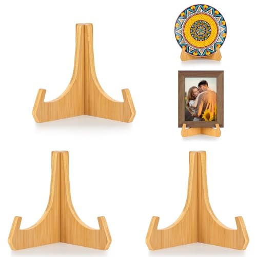 ANBOXIT Soporte Platos Decorativos, Soporte para Platos de 6 Pulgadas, Soporte de Marco de Fotos de Bambú, Caballetes de Sobremesa, Soporte Decorativo para Plato, Libro, Foto y Placa (3 Unidad)