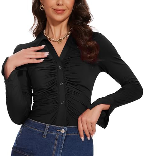 MISS MOLY Women's Blouses V-Neck Long Sleeve Ruched Tunic Tops - Formal and Casual Spring Shirts for Ladies Black