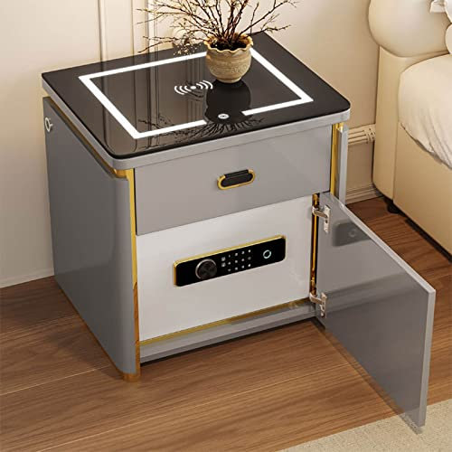 Smart Bedside Table with Safe, LED Light, Wireless Charging, USB Port - Perfect for Bedroom/Living Room - Grey, 50 Size