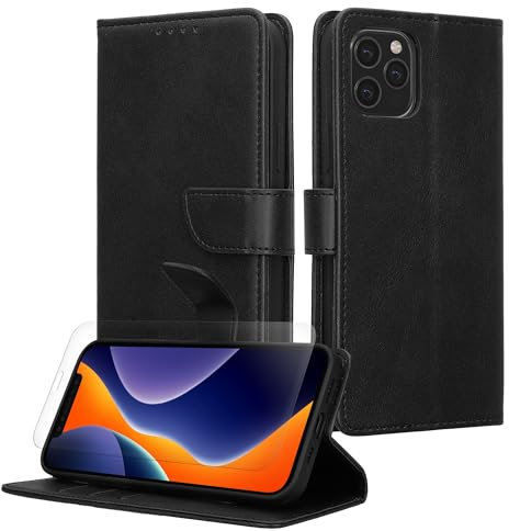 kwmobile PU Faux Leather Case Compatible with Apple iPhone 12 / iPhone 12 Pro - Wallet Case with Screen Protector - Black