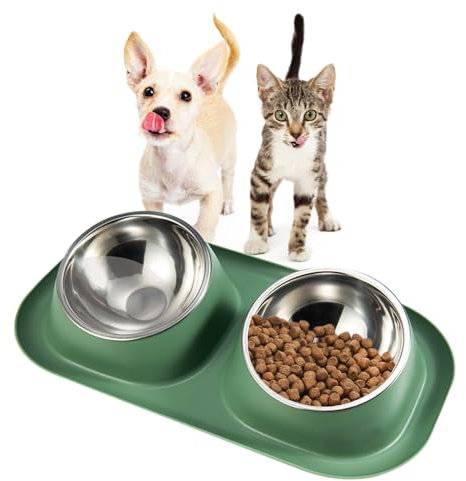 Suhaco Double Dog Bowl Raised Dog Food Bowl Non Slip Stainless Steel Double Bowls with Non-spill for Small Dogs and Cats (Green)