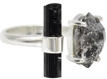 Gems Vibes Natürlicher rauer Herkimer-Diamantring 925er Sterlingsilber feiner Schmuck handgefertigter Ring mehrfarbiger Edelsteinring für Frauen Weihnachtsgeschenk für sie schwarzer Turmalin-Stab Ring
