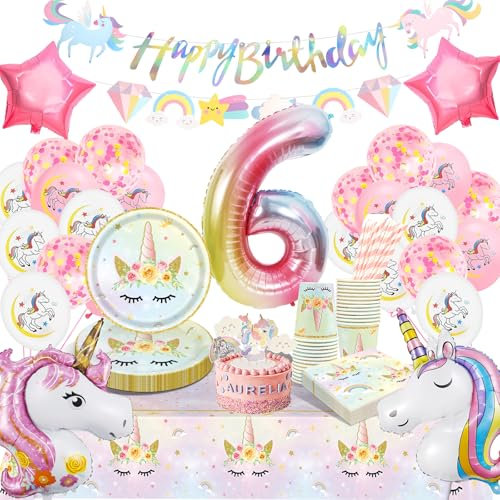 HLEIUKT 6 ans Anniversaire Licorne Decoration Fille, 6 Ans Decoration Anniversaire Licorne Ballon Kit Vaisselle Assiettes Gobelets Serviettes pour Party Fête Anniversaire Fête Décorations (16 Invités)