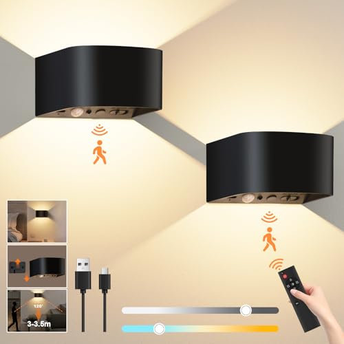 Audor Akku Wandleuchte Innen mit 3 Farben, 5000mAh Wandlampe ohne stromanschluss, Wiederaufladbare LED Wandlampe mit Bewegungssensor, Kabellose, Fernbedienung, Wandlicht Up and Down für Flur, Garage