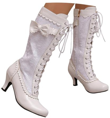 Vintage Viktorianisch Stiefel Damen Schnürsenkel Steampunk Ankle Stiefel Mittelkalb Oma Stiefel Reißverschluss Kostüm Renaissance Schuhe mit Absatz Weiß 38