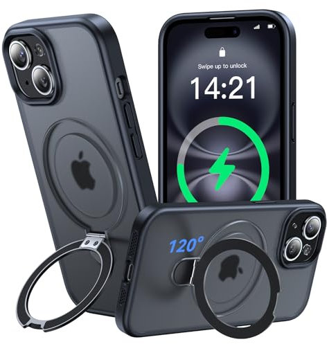 Aekyiwot 120° Magic Stand für iPhone 15 Hülle für Magsafe, [Militärschutz] [Magnetischer Robust Standring] Matt Durchscheinende Stoßfest Hülle für iPhone 15 Schwarz