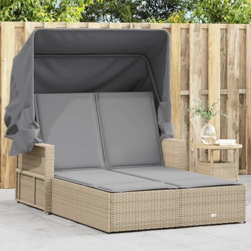 Xichuzi Doppel-Sonnenliege mit Dach und Auflagen Beige Poly Rattan, Gartenliege, Liegestuhl, Sonnenstuhl, Sonneninsel Outdoor, Liegen, Gartenmöbel, Bäderliege, Relaxliege - 365811
