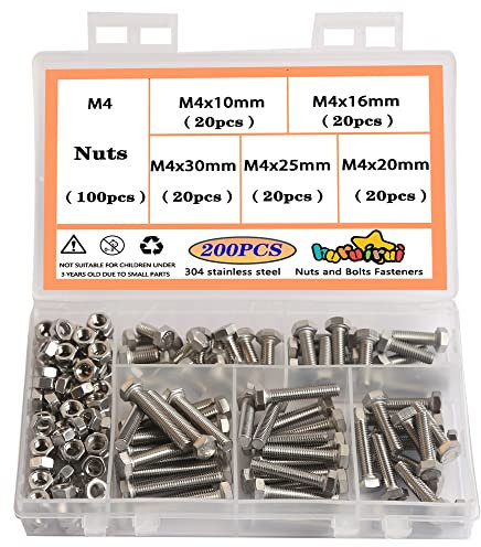 huruirui Tornillos de Tuercas y Pernos M4, Tornillos y Tuercas de Acero Inoxidable 304, a Prueba de Herrumbre, Pernos Hexagonales Para Duraderos para Uso en Interiores y Exteriores 200pcs
