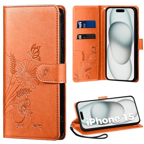 Handyhülle für iPhone 15 Hülle, Schutzhülle für iPhone 15 PU Lederhülle Tasche Flip Case Kartensteckplätzen Klapphülle Kompatibel mit iPhone 15 Hülle, Orange