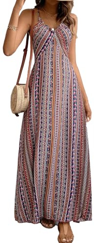 JENJON Femme Robe Style Ethnique sans Manches Col en V Eté Bohème Plage Robes Elégante Longue Décontractée Taille Haute Ourlet Robe à Fourche
