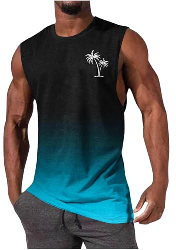 Tank Top Men UK Sale Clearance,Mens Gym Vest Tops Tropical Printed Bodybuilding Muscle Workout Graphic Vests Summer Casual Crewneck Fitness Athletic Beach Holiday Tees Sleeveless T Shirt Sky Blue