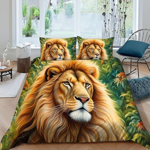 HOGDISAJD Löwe Bettwäsche Set Wildtiere 3D Bettbezug Set Bettwäsche Für Kinder Jungen Männer Weiche Mikrofaser Kussenbezug, Super King（260x220cm）