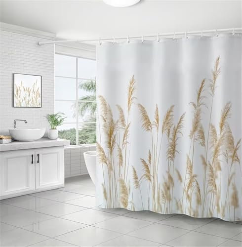 Rideau Douche Anti Moisissure 100x200cm Plante Dorée Imperméable Tissu Polyester Lavable Machine Grand Shower Curtain avec Ourlet Lesté et 12 Anneaux pour Baignoire ou la Salle de Bain Domicile F5857