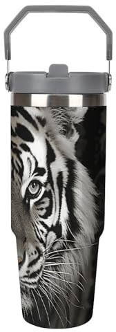 YTLKGFP 30 Oz Large Capacity Car Cup Black And White Tiger Tumbler with Handle Straw Lid Insulated Stainless Steel Water Bottle Travel Mug Leak-proof Car Cup Keeps Cold Or Hot