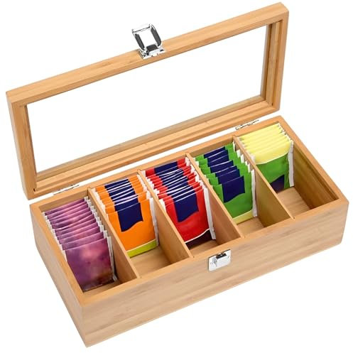 VAVPUP Bamboo Tea Box Organizer 5-Compartment Storage with Clear Lid & Locking Clasp,30 * 10 * 9cm Wooden Tea Storage Box for Coffee Station, Sugar Packet, Sweeteners, Small Packets (Wood)