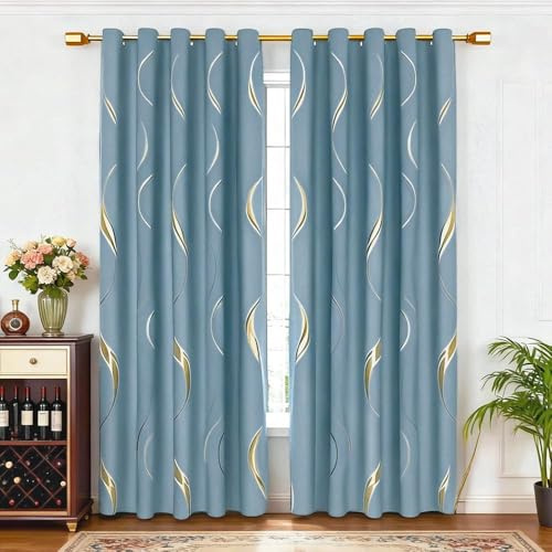 MYRU 2 Panels Set Luxury Striped Blackout Curtains for Bedroom Living Room (Blue and Gold, 2 x 66x106 Inch)