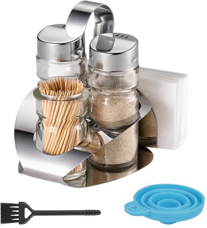 WRENYZK 4-in-1-Salz- und Pfefferstreuer-Set mit Zahnstocher und Serviettenhalter, Gewürzhalter mit Reinigungsbürste, 1 Trichter, Menage-Set, modern und funktional für Restaurants, Haushalt