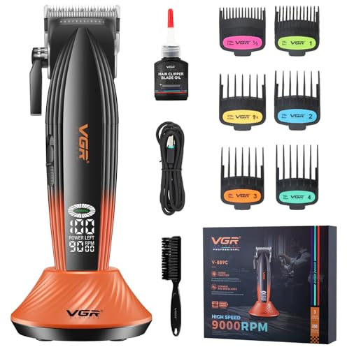 VGR 889C Maquina de Cortar Pelo Hombre Profesional, Función Turbo, Naranja | Máquina de Cortar Pelo Inalámbrica con Base, Cortapelos Ajustable Profesional Para Degradados con , Pantalla LED, Carga USB