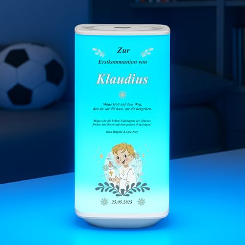 Maverton personalisierte Touch Nachttischlampe, Tischlampe kabellos | LED dimmbar Nachtlicht mit Fernbedienung, Geschenk zur Erstkommunion für Mädchen & Jungen, personalisierte Geschenke Kinder