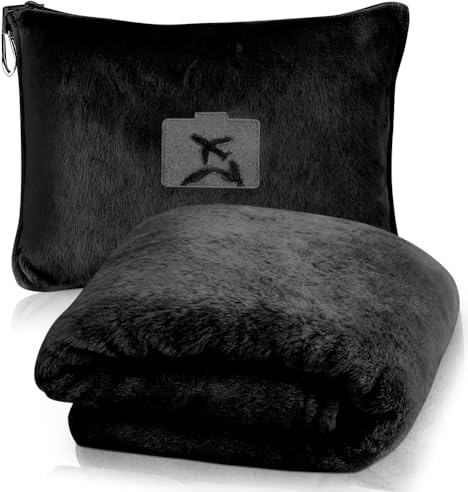 Couverture de voyage douce et chaude pour avion et voiture, 2 en 1, couverture de voyage et coussin avec clip sac à dos, housse de coussin compacte, pour avion, voiture, bureau (noir)