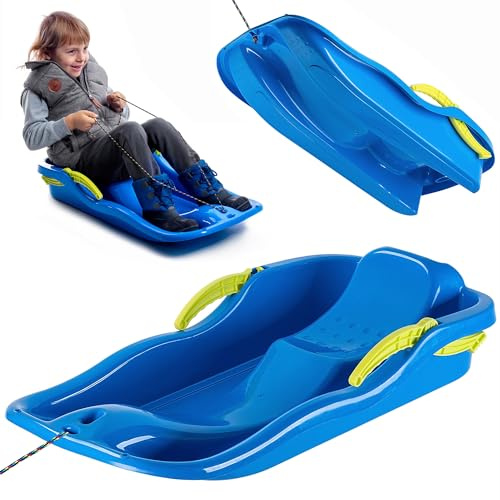 KADAX Kunststoffschlitten 85 x 40 x 18 cm, Bob Schlitten aus Kunststoff, Plastikschlitten mit Bremse für Kinder, Schneebob, Kinderschlitten aus Plastik, Rodelschlitten (Blau)