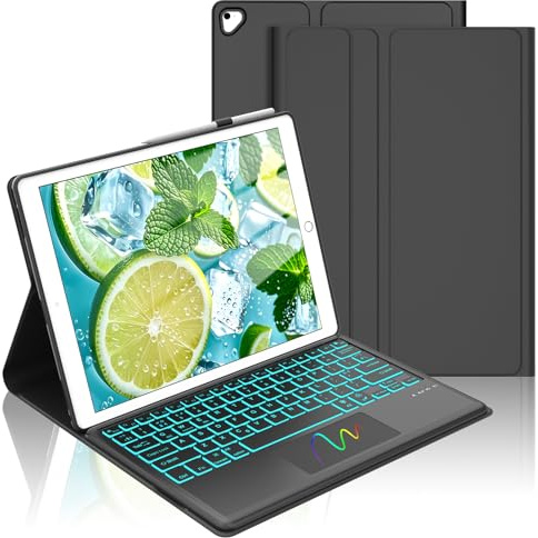 FOGARI Touchpad Backlit Keyboard Case for iPad Pro 12.9 (1.2. Gen) | Soft Case with Magnetic Detachable Bluetooth 7 Colors Backlit Trackpad UK Layout Keyboard for iPad Pro 12.9 2017/2015, Black