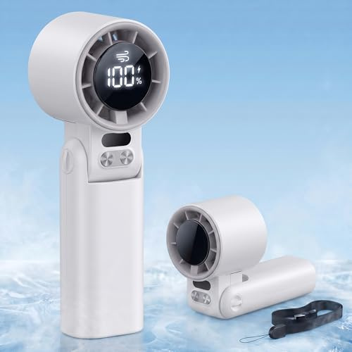 GAITIR Portable Handheld Fan, 1-100 Speed Turbo Blade Fan (13550 RPM), 12Hrs Cooling, LED Display, 120° Foldable, USB Rechargeable Small Personal Mini Fan for Travel, Commuting, Office, Makeup, White