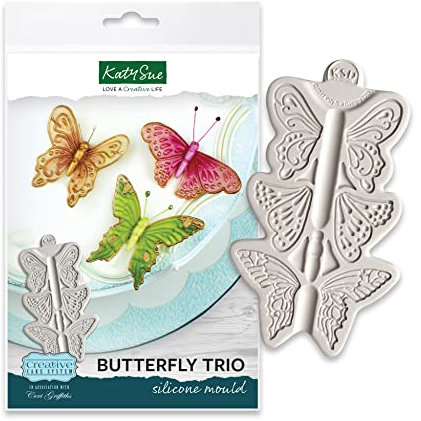 Katy Sue Butterfly Trio Silicone Mould for Cake Decorating & Crafts - Makes 3 Butterflies - 1) 60mm x 45mm, 2) 74mm x 35mm, 3) 73mm x 40mm
